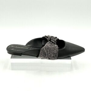 BCBGeneration Size 7.5 Black Rhinestone Bow Pointed Mules Flats NEW Kandy $89